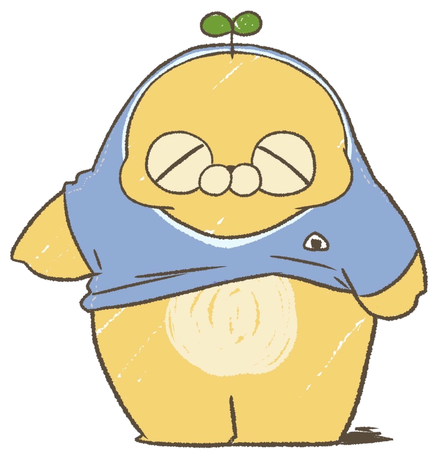 くじらのフードをかぶったキャラクター
